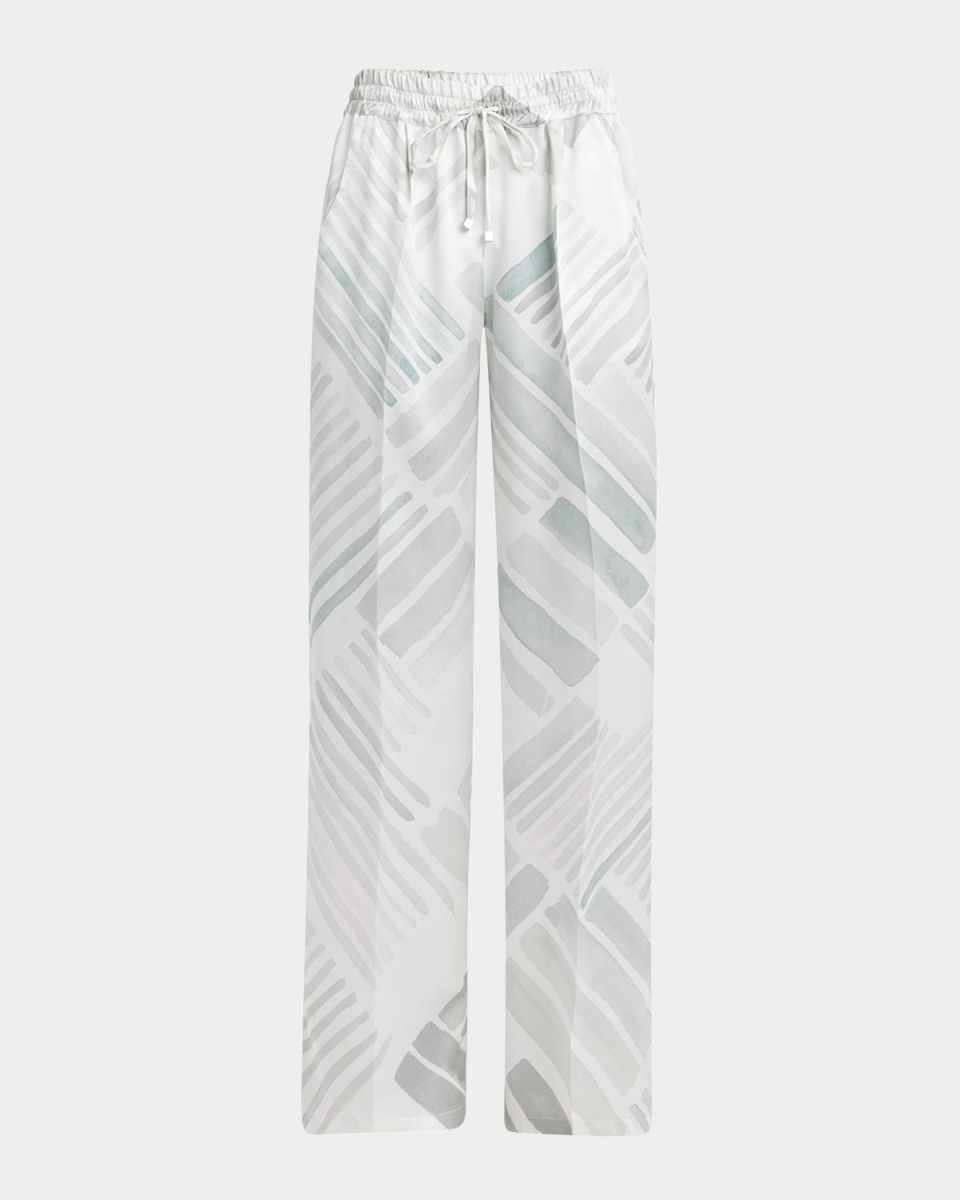 Abstract-Print Silk Wide-Leg Drawstring Trousers